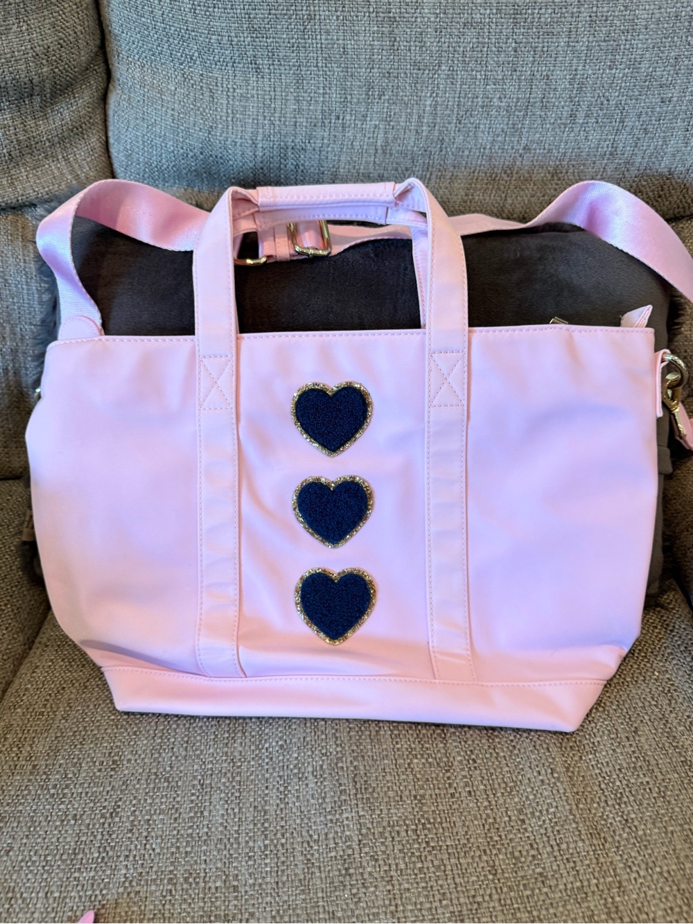 Stoney clover lane mini tote in flamingo with sapphire hearts sewn on.